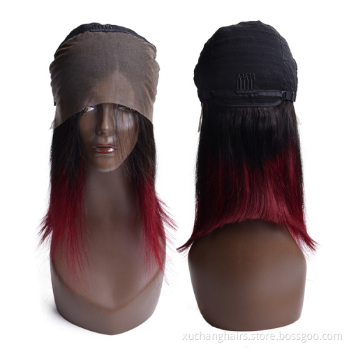 180% density Glueless Remy Peruvian Human Hair ombre Dark Red 99j Lace Front Short Wavy Bob Wig